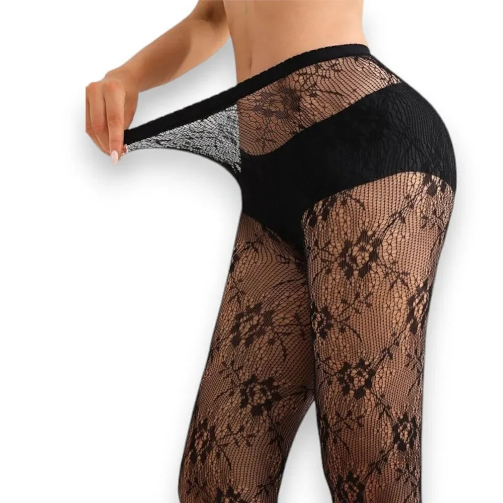 Black Floral Rose Fishnet Tights - NEW